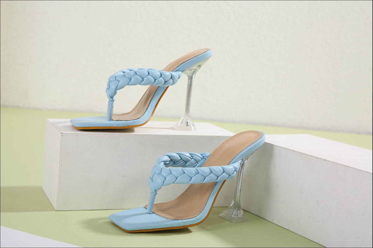 Syncreas Fashion Woven Transparent Crystal Heel Stiletto Sandals High Heel Slippers