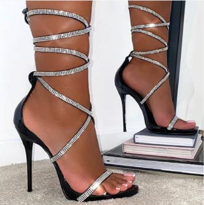 Syncreas Super High Heel Rhinestone Roman Cross Strap Sandals