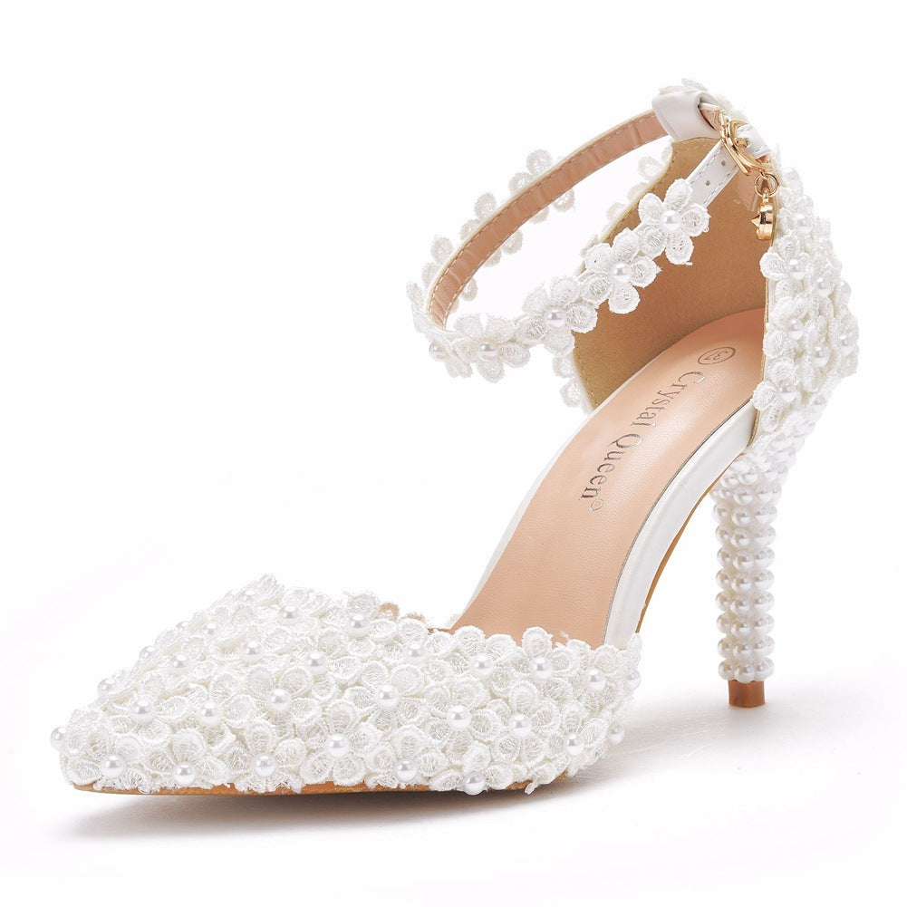 Syncreas Pointed Toe High Heel Wedding Shoes Stiletto Heel Lace Sandals