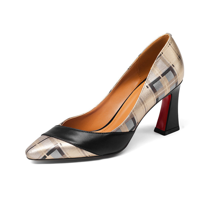Syncreas Spring And Summer Leather Color Matching High Heels Shallow Mouth Pointed