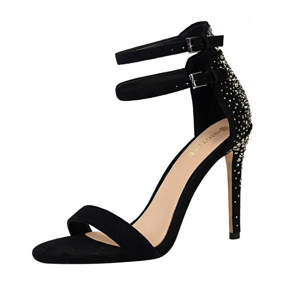 Syncreas Stiletto High Heel Suede Back Rhinestone Strap Sandals
