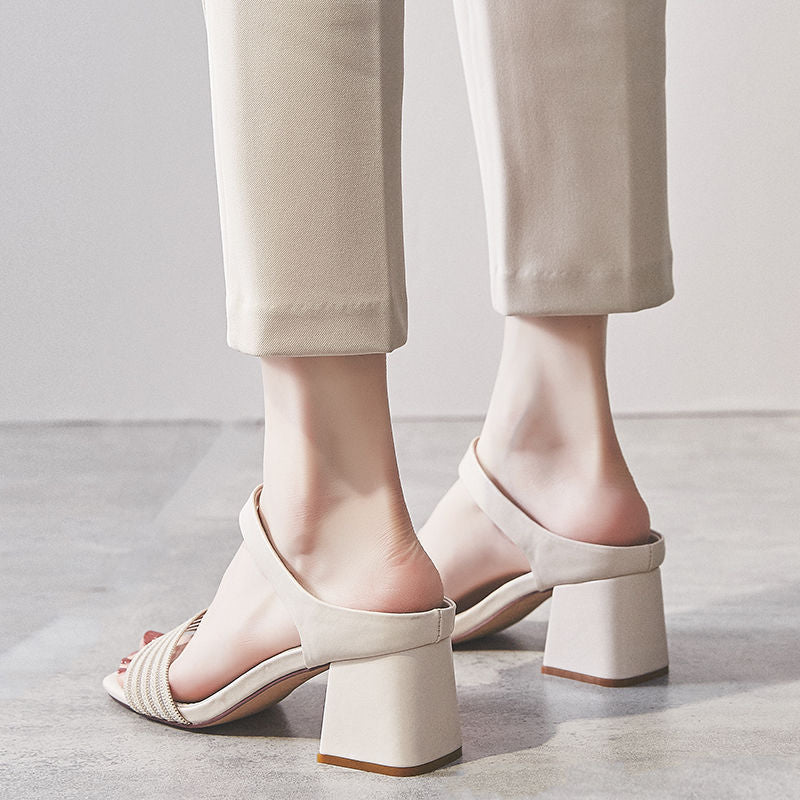 Syncreas High-heeled Leather Lazy Sandals With Versatile Thick Heels