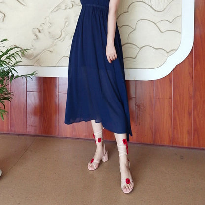 Syncreas Middle Leather Thick Heel Strap Girls High Heels