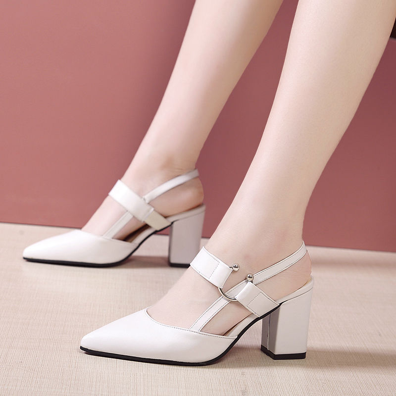 Syncreas Pointed Toe Sandals Women's Thick Heel Beige High Heels