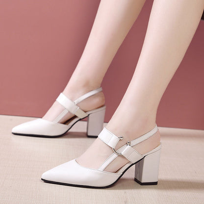 Syncreas Pointed Toe Sandals Women's Thick Heel Beige High Heels