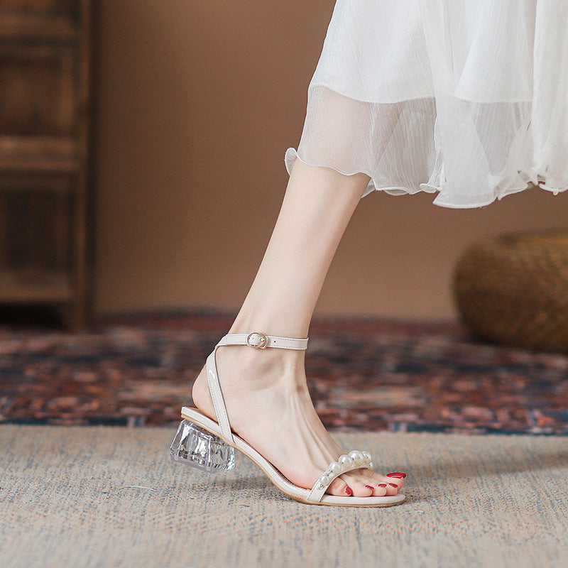 Syncreas Transparent Ankle-strap Pearl High Heels