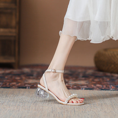 Syncreas Transparent Ankle-strap Pearl High Heels