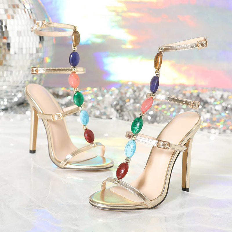Syncreas Fashion Colorful Beads Buckle Sandals Summer Stiletto High Heel Shoes Women Party Pumps