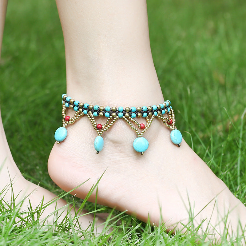 Syncreas Turquoise Round Cake Anklet Bohemian Beach Shoes and Clothing Accessories Anklet Ladies