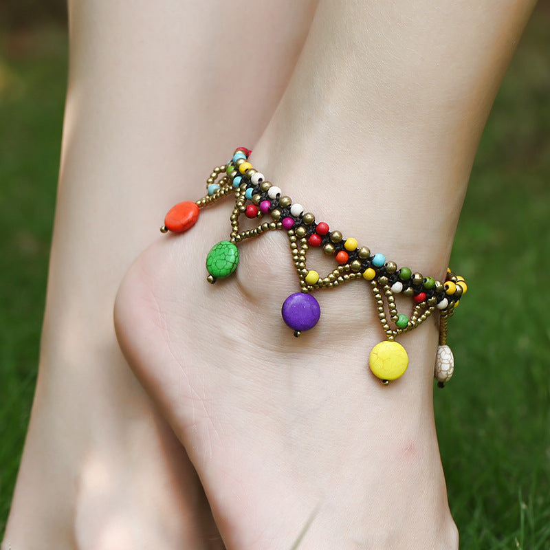 Syncreas Turquoise Round Cake Anklet Bohemian Beach Shoes and Clothing Accessories Anklet Ladies