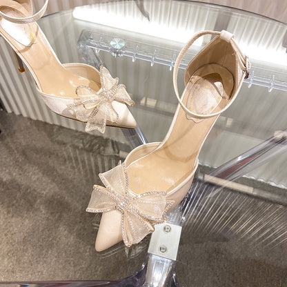 Syncreas Summer Sandals Women's New Wild Pointed Fairy Bow Hollow Baotou Rhinestone Stiletto Stilettos High Heels