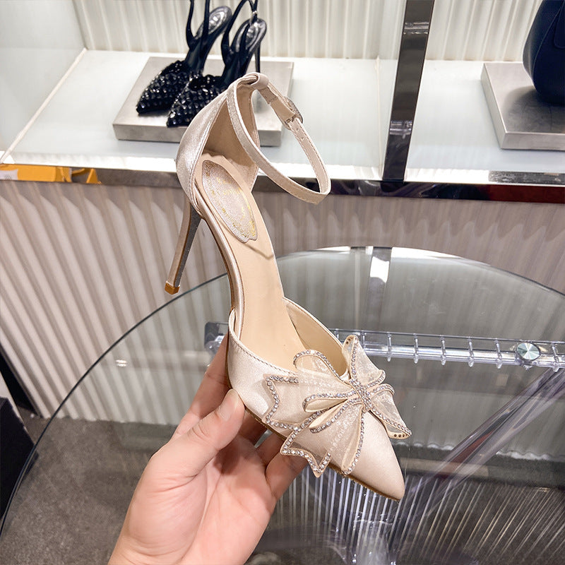 Syncreas Summer Sandals Women's New Wild Pointed Fairy Bow Hollow Baotou Rhinestone Stiletto Stilettos High Heels