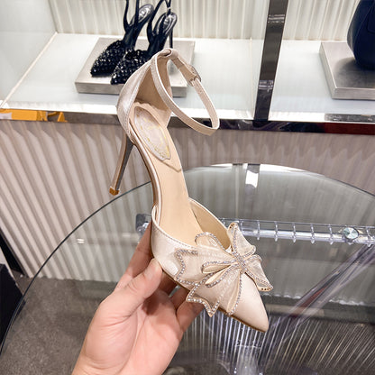 Syncreas Summer Sandals Women's New Wild Pointed Fairy Bow Hollow Baotou Rhinestone Stiletto Stilettos High Heels