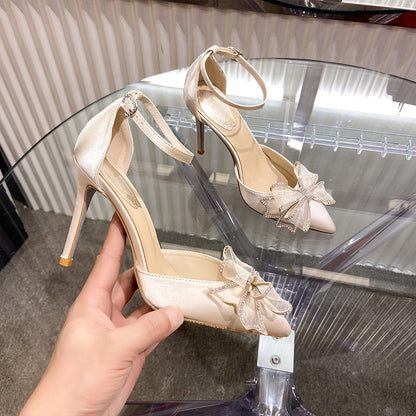 Syncreas Summer Sandals Women's New Wild Pointed Fairy Bow Hollow Baotou Rhinestone Stiletto Stilettos High Heels