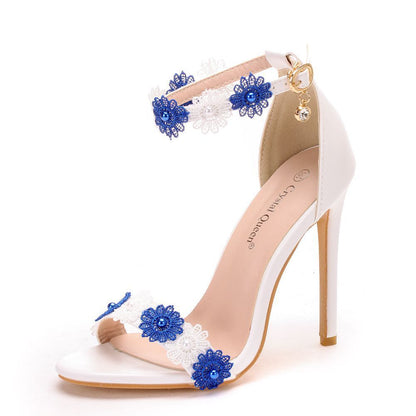 Syncreas Lace Beaded Sandals Stiletto Large Size Open Toe Hollow One-Word Buckle Sandals Female High Heels