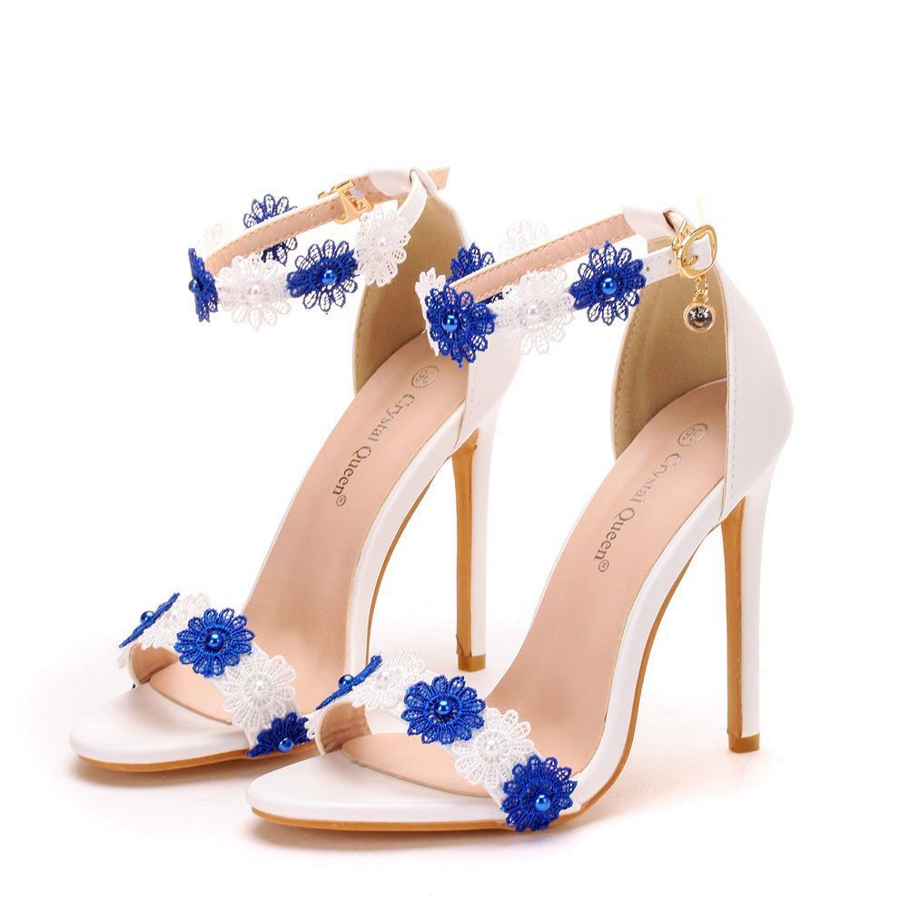Syncreas Lace Beaded Sandals Stiletto Large Size Open Toe Hollow One-Word Buckle Sandals Female High Heels