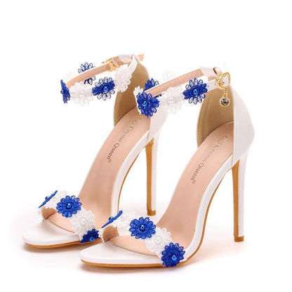 Syncreas Lace Beaded Sandals Stiletto Large Size Open Toe Hollow One-Word Buckle Sandals Female High Heels
