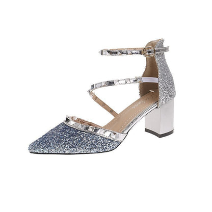 Syncreas Summer New Sequined Thick Heel Sexy Rivet Women's High Heels