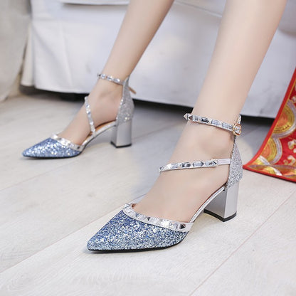 Syncreas Summer New Sequined Thick Heel Sexy Rivet Women's High Heels