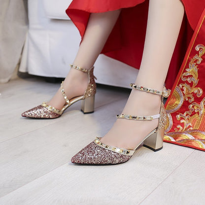 Syncreas Summer New Sequined Thick Heel Sexy Rivet Women's High Heels