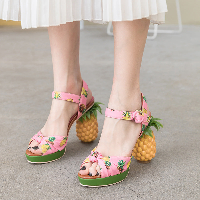 Syncreas Fish Mouth Sandals Color Matching Printed Leather Super High Heels Pineapple Sandals Women