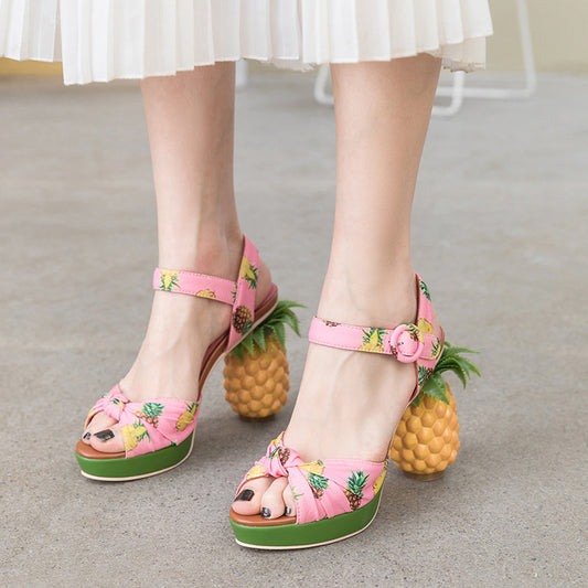 Syncreas Fish Mouth Sandals Color Matching Printed Leather Super High Heels Pineapple Sandals Women