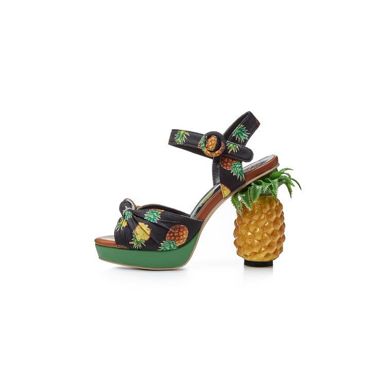 Syncreas Fish Mouth Sandals Color Matching Printed Leather Super High Heels Pineapple Sandals Women