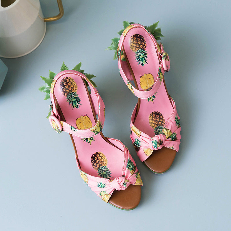 Syncreas Fish Mouth Sandals Color Matching Printed Leather Super High Heels Pineapple Sandals Women