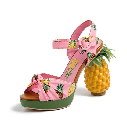 Syncreas Fish Mouth Sandals Color Matching Printed Leather Super High Heels Pineapple Sandals Women
