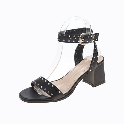 Syncreas Studded Roman Sandals Women's Word Belt Black Thick Heel High Heels Women