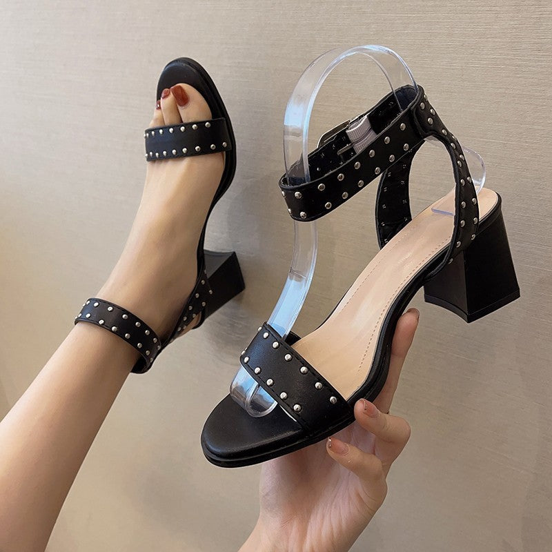 Syncreas Studded Roman Sandals Women's Word Belt Black Thick Heel High Heels Women