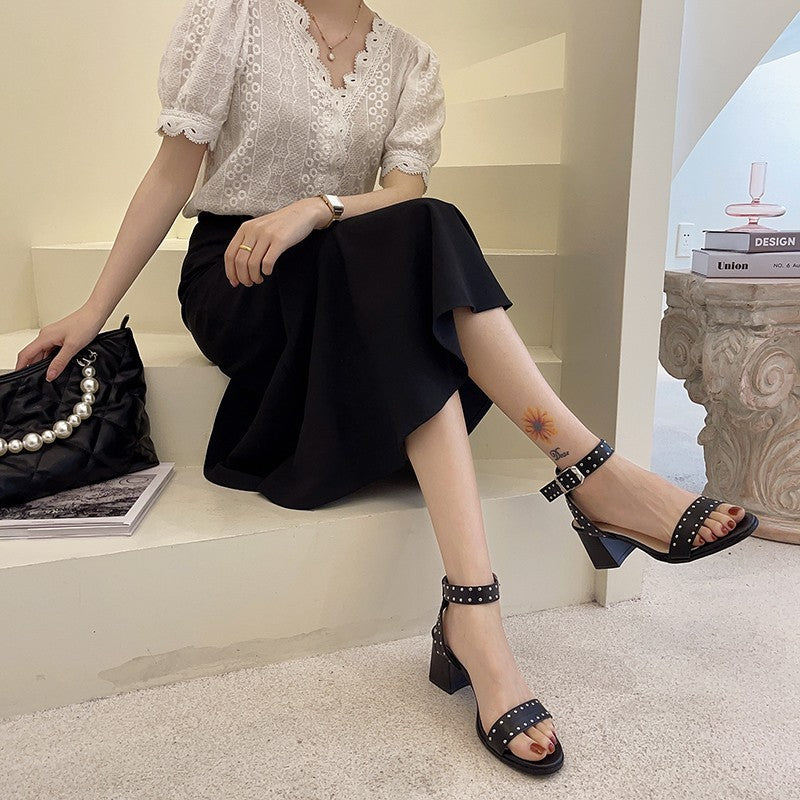 Syncreas Studded Roman Sandals Women's Word Belt Black Thick Heel High Heels Women