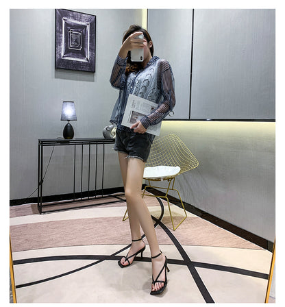 Syncreas Square Toe High Heels Women's Flip-toe Leather High Heel Sandals