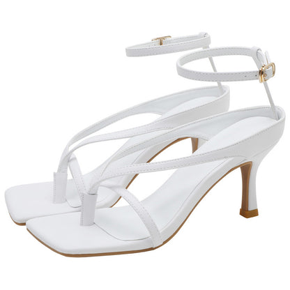 Syncreas Square Toe High Heels Women's Flip-toe Leather High Heel Sandals