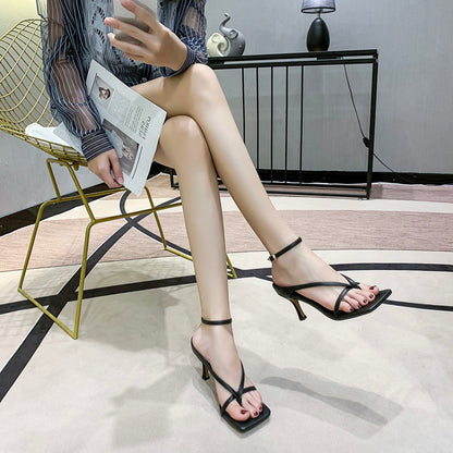 Syncreas Square Toe High Heels Women's Flip-toe Leather High Heel Sandals
