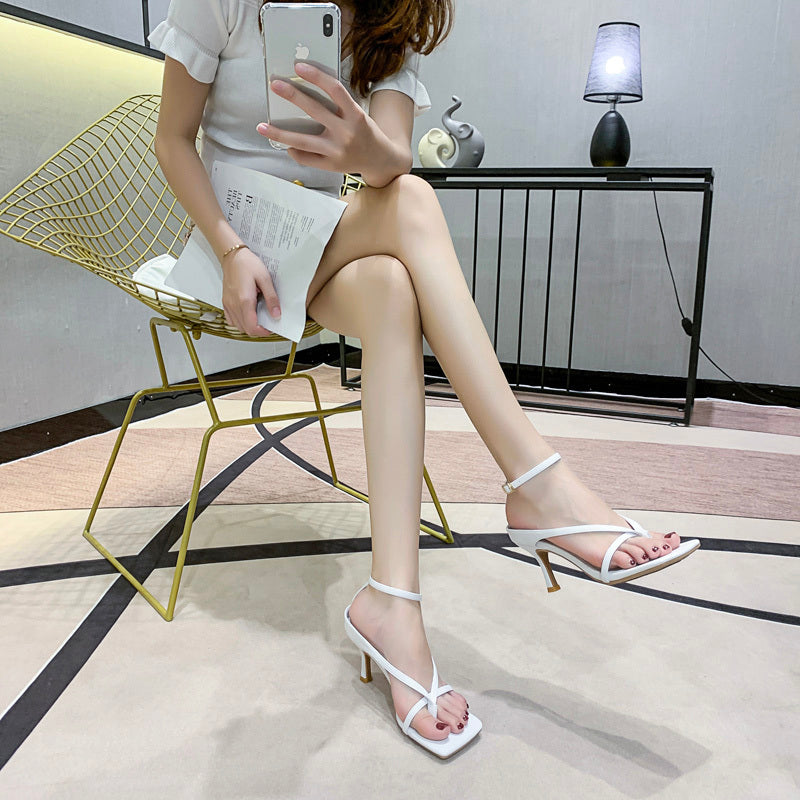 Syncreas Square Toe High Heels Women's Flip-toe Leather High Heel Sandals