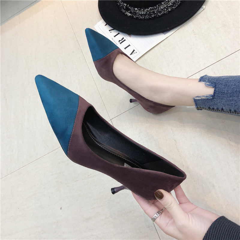Syncreas Stitching High Heels Pointed Toe Stiletto Women's Single Shoes Suede Over-Feet Low-top Shoes