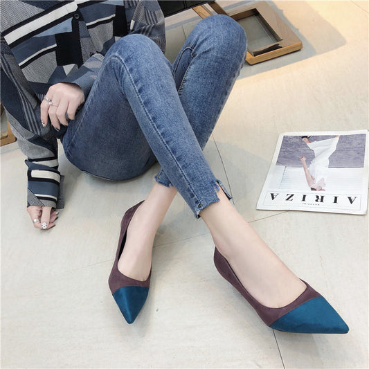 Syncreas Stitching High Heels Pointed Toe Stiletto Women's Single Shoes Suede Over-Feet Low-top Shoes