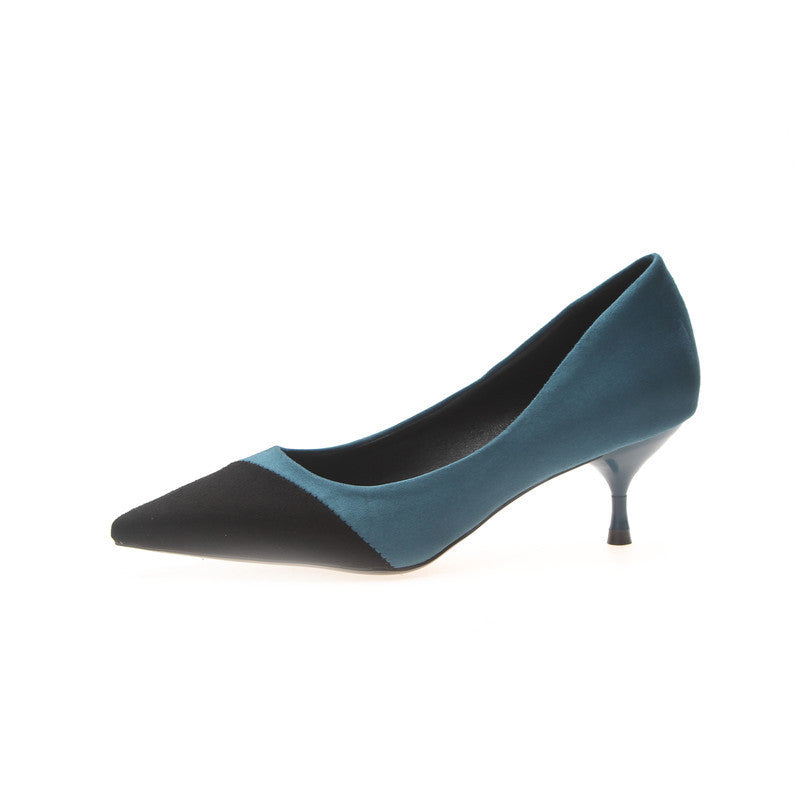 Syncreas Stitching High Heels Pointed Toe Stiletto Women's Single Shoes Suede Over-Feet Low-top Shoes