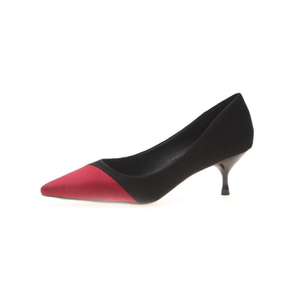 Syncreas Stitching High Heels Pointed Toe Stiletto Women's Single Shoes Suede Over-Feet Low-top Shoes