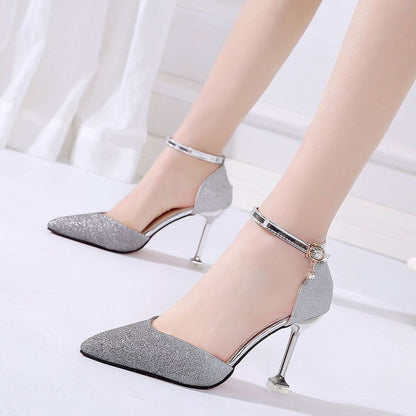 Syncreas Sequin Pointed High Heels Stiletto Hollow Word Buckle Banquet Bridal Shoes