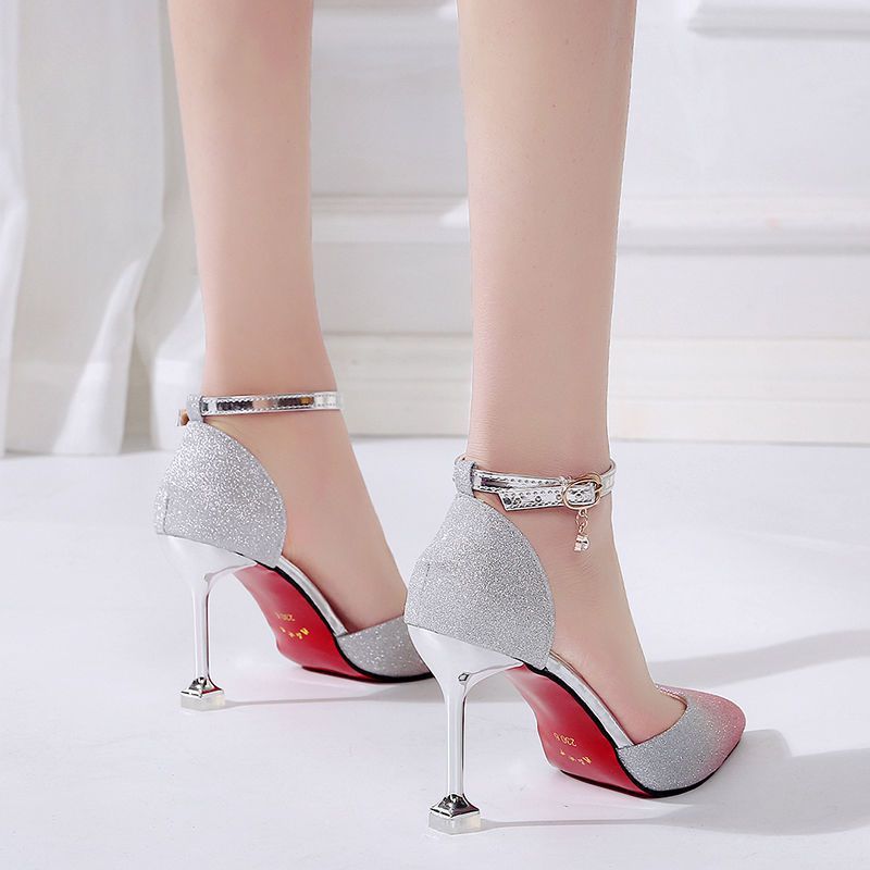 Syncreas Sequin Pointed High Heels Stiletto Hollow Word Buckle Banquet Bridal Shoes