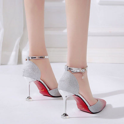 Syncreas Sequin Pointed High Heels Stiletto Hollow Word Buckle Banquet Bridal Shoes