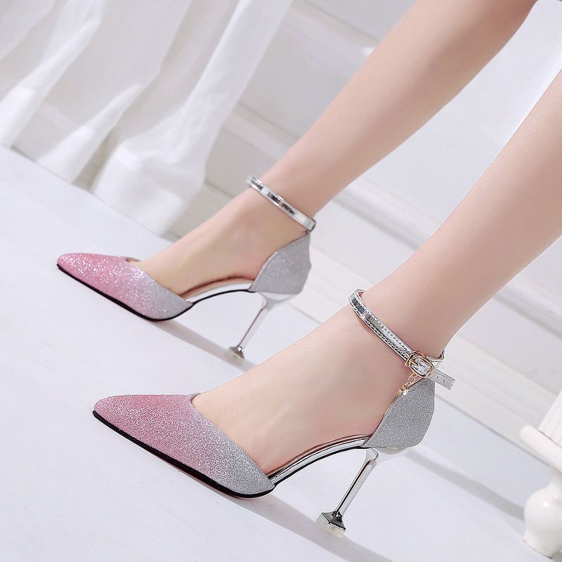 Syncreas Sequin Pointed High Heels Stiletto Hollow Word Buckle Banquet Bridal Shoes