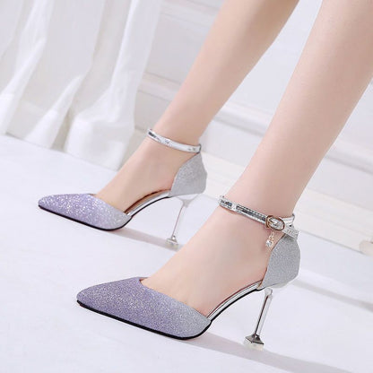 Syncreas Sequin Pointed High Heels Stiletto Hollow Word Buckle Banquet Bridal Shoes
