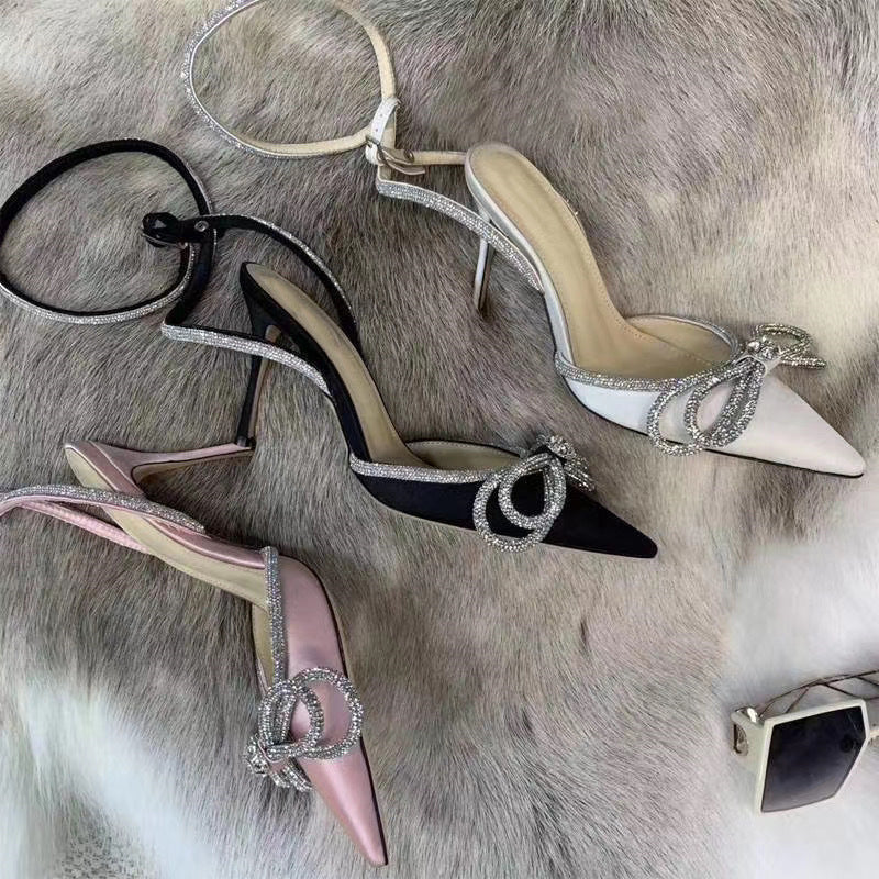 Syncreas Bowknot Rhinestone Crystal Fashion Satin Sandals High Heels Party Prom Shoes