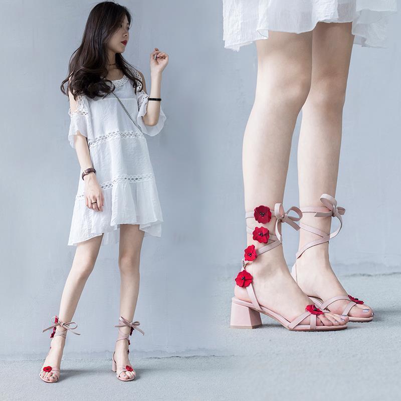 Syncreas Middle Leather Thick Heel Strap Girls High Heels