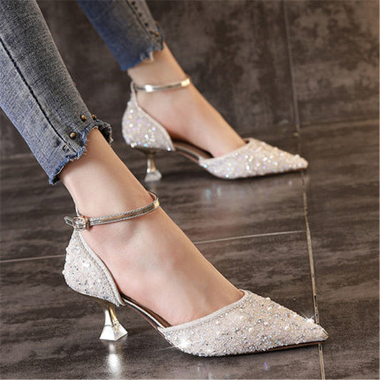 Syncreas One Word With Hollow New Crystal Pointed Fashion High Heels