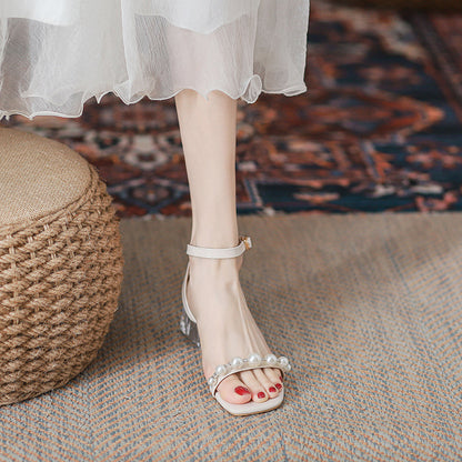 Syncreas Transparent Ankle-strap Pearl High Heels