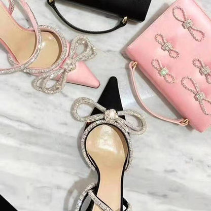 Syncreas Bowknot Rhinestone Crystal Fashion Satin Sandals High Heels Party Prom Shoes